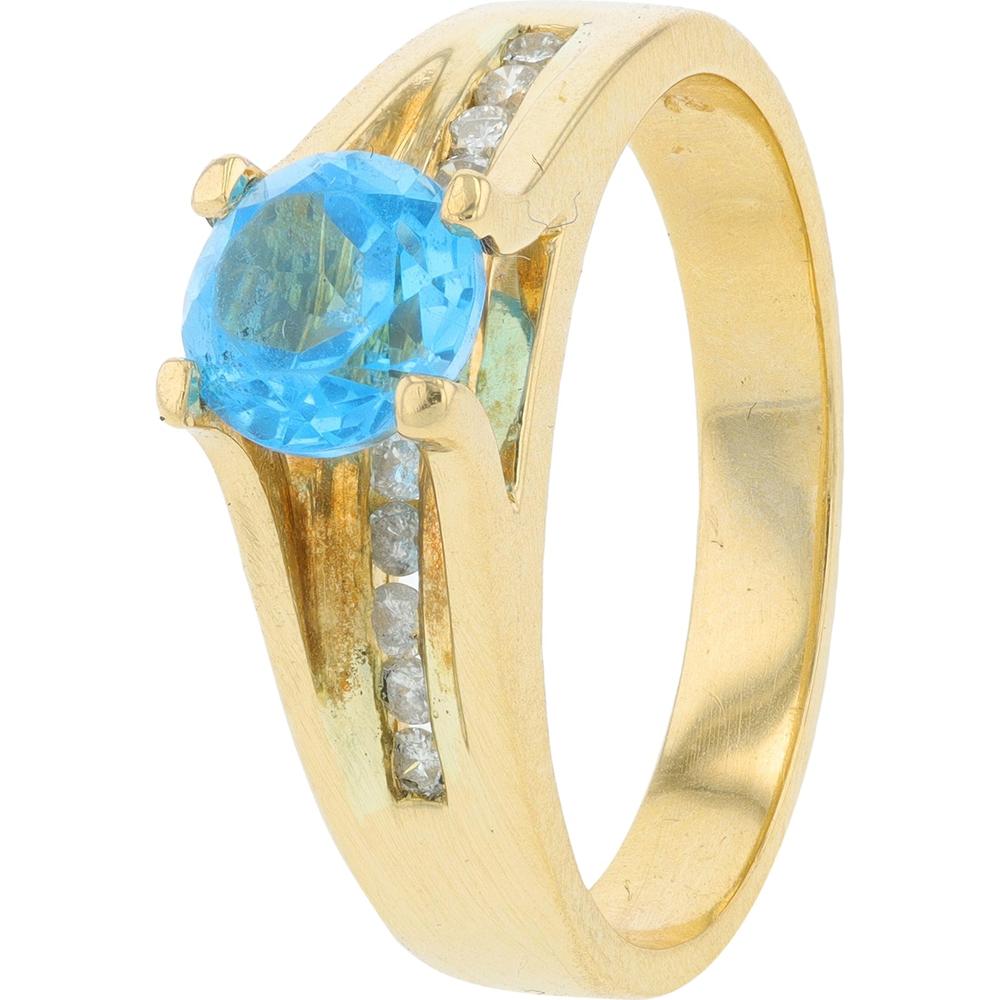 14K Yellow Gold Blue Topaz Ring with Diamond Accents - 0.15 Carat Total Diamond Weight