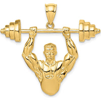 14K Yellow Gold Bodybuilder Lifting Barbell Pendant - Sculpted, Textured Design by Oro Pregiato