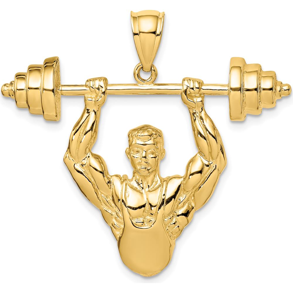 14K Yellow Gold Bodybuilder Lifting Barbell Pendant - Sculpted, Textured Design by Oro Pregiato