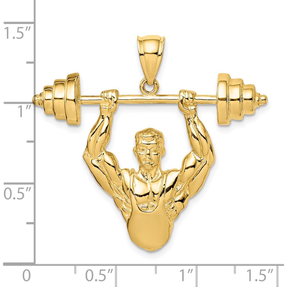 14K Yellow Gold Bodybuilder Lifting Barbell Pendant - Sculpted, Textured Design by Oro Pregiato