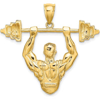 14K Yellow Gold Bodybuilder Lifting Barbell Pendant - Sculpted, Textured Design by Oro Pregiato