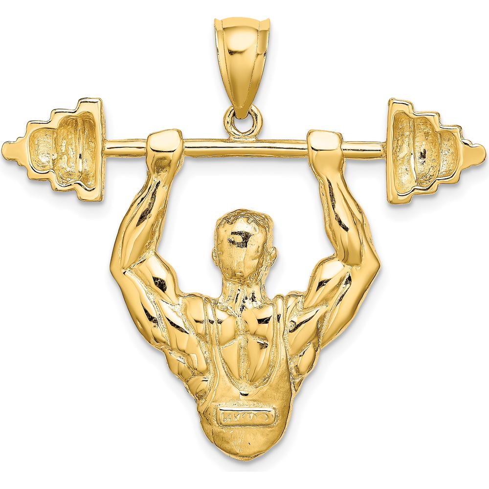 14K Yellow Gold Bodybuilder Lifting Barbell Pendant - Sculpted, Textured Design by Oro Pregiato