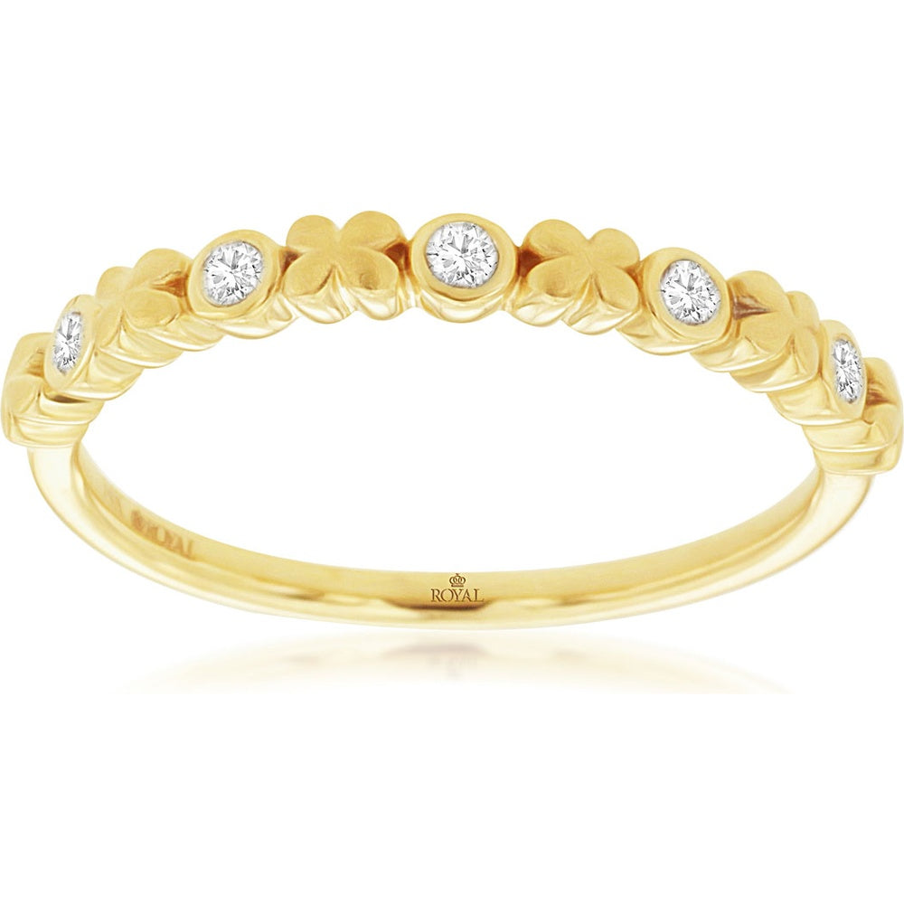 14K Yellow Gold Botanical Band with Bezel-Set Round Diamonds and Clover Motifs - 0.08 Carat Total Diamond Weight - Royal Jewelry