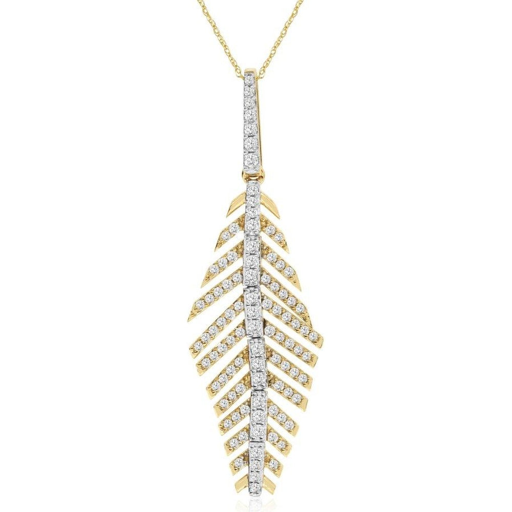 14K Yellow Gold Botanical Leaf Pendant with Pavé-Set Round Diamonds - 0.50 Carat Total Diamond Weight - Royal Jewelry