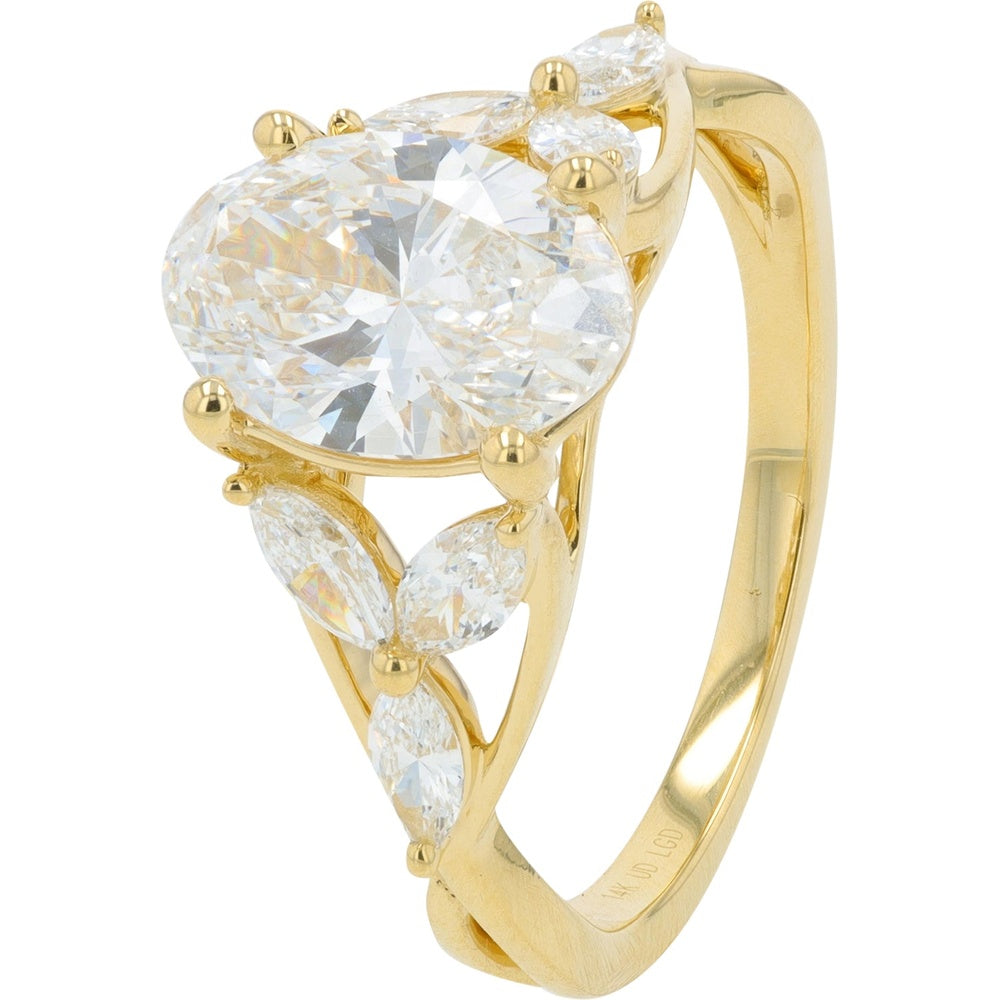 14K Yellow Gold Botanical Split Shank Engagement Ring with 2.00 Carat Oval Lab Grown Diamond and Marquise Accents - 2.50 Carat Total Diamond Weight