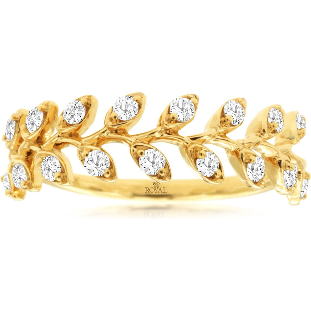 14K Yellow Gold Botanical Vine Wedding Band with Bezel-Set Round Diamonds - 0.33 Carat Total Diamond Weight - Royal Jewelry