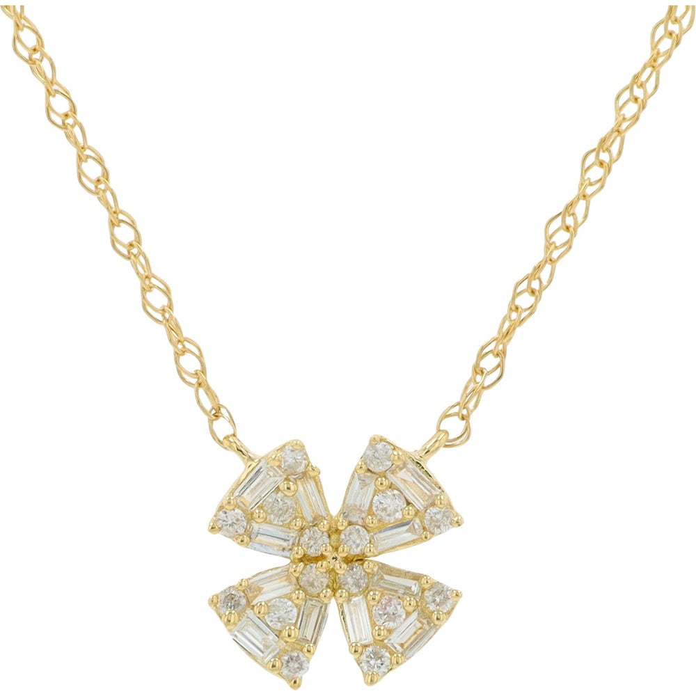 14K Yellow Gold Bow Motif Necklace with Baguette and Round Diamonds - 0.20 Carat Total Diamond Weight