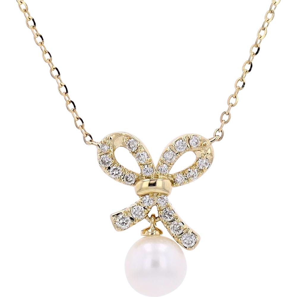 14K Yellow Gold Bow Pendant with Pavé Diamonds and Pearl Drop - 0.14 Carats Total Diamond Weight