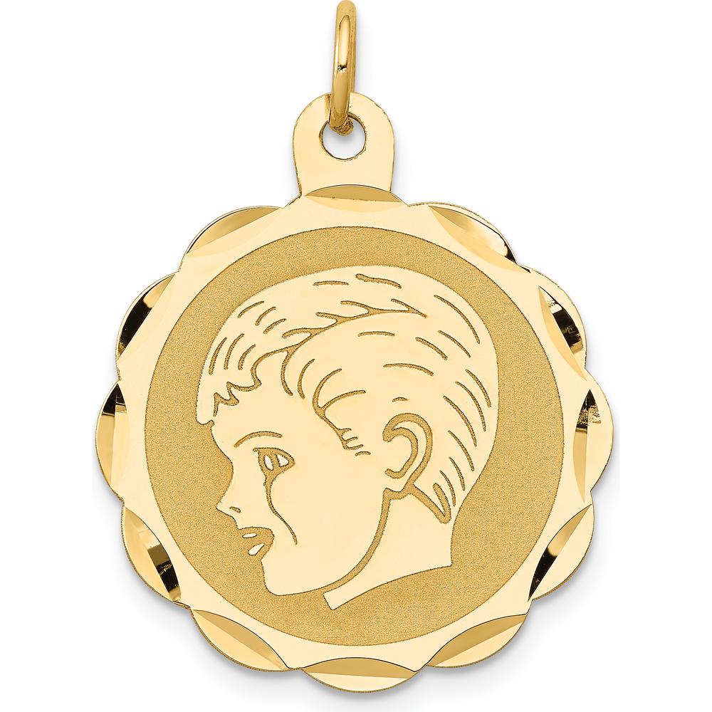 14K Yellow Gold Boy Head Engravable Scalloped Disc Charm - 22mm by Oro Pregiato
