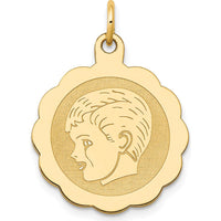 14K Yellow Gold Boy Profile Engravable Scalloped Disc Pendant Charm - Polished Finish by Oro Pregiato