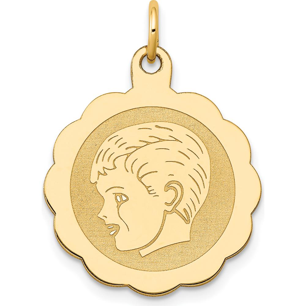 14K Yellow Gold Boy Profile Engravable Scalloped Disc Pendant Charm - Polished Finish by Oro Pregiato
