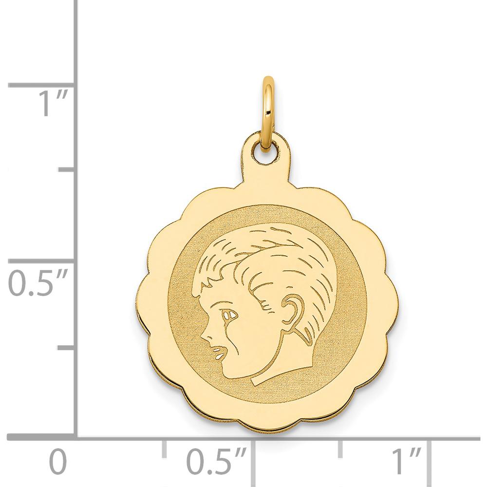 14K Yellow Gold Boy Profile Engravable Scalloped Disc Pendant Charm - Polished Finish by Oro Pregiato