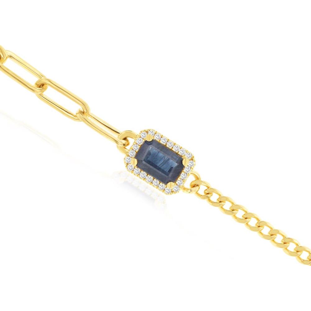 14K Yellow Gold Bracelet with Emerald-Cut Sapphire and Diamond Halo - 0.70 Carat Sapphire and 0.08 Carat Total Diamond Weight - Royal Jewelry