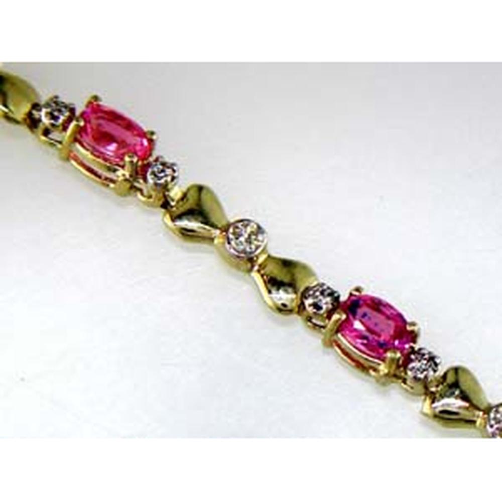 14K Yellow Gold Bracelet with Oval Pink Sapphires and Round Diamonds - 2.50 Carat Pink Sapphire Weight and 0.10 Carat Total Diamond Weight - Royal Jewelry
