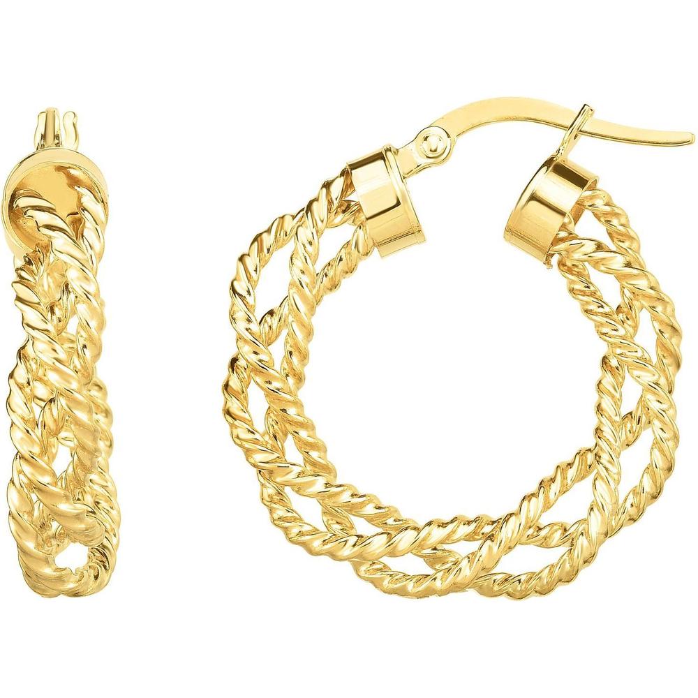 14K Yellow Gold Braided Twist Diamond-Cut Hoop Earrings - Multi Row Design, 4x15mm, Hinged Closure by Orozza Fine Jewelry