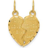14K Yellow Gold Break-Apart Heart Charm with "MY LOVE TO YOU I GIVE MY HEART" Engraving by Oro Pregiato
