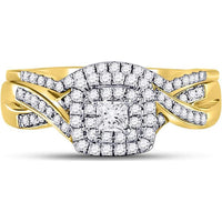 14K Yellow Gold Bridal Wedding Ring Set with Prong-Set Princess and Pavé Round Diamonds - 0.50 Carat Total Diamond Weight