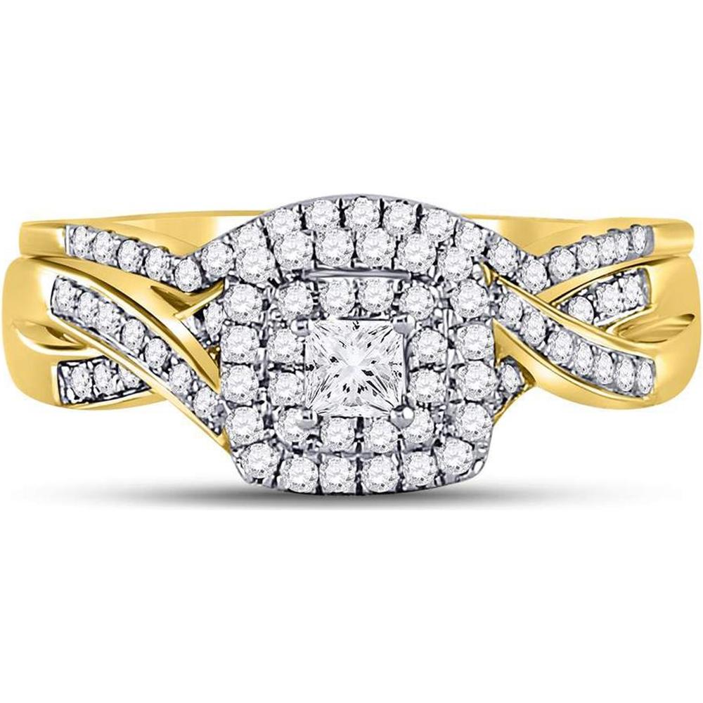 14K Yellow Gold Bridal Wedding Ring Set with Prong-Set Princess and Pavé Round Diamonds - 0.50 Carat Total Diamond Weight