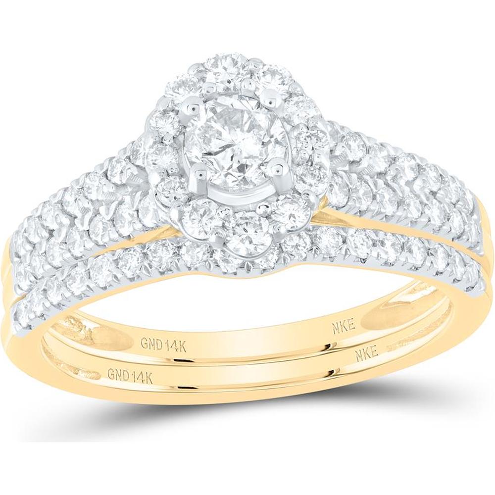 14K Yellow Gold Bridal Wedding Ring Set with Round Diamond Halo and Sapphire Accents - 1.00 Carat Total Diamond Weight, 0.03 Carat Total Sapphire Weight