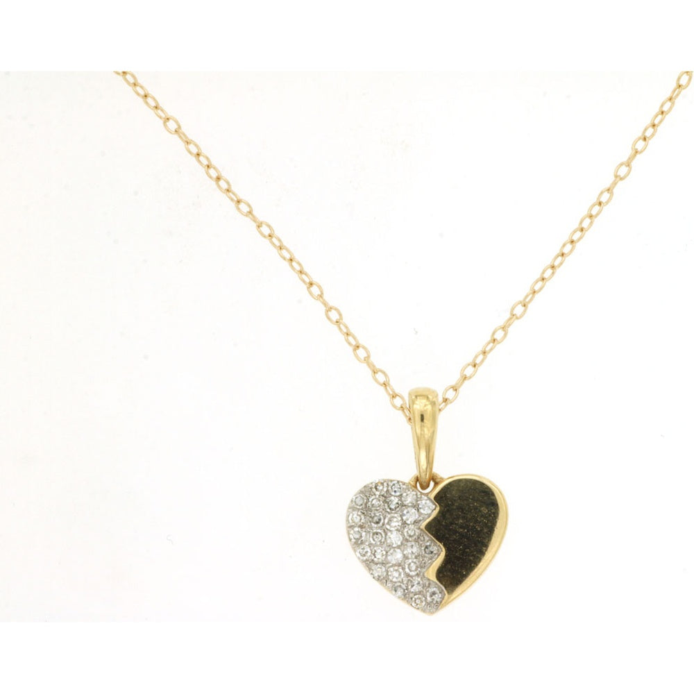 14K Yellow Gold Broken Heart Pendant Necklace with Pavé Set Round Diamonds - 0.12 Carat Total Diamond Weight - Royal Jewelry