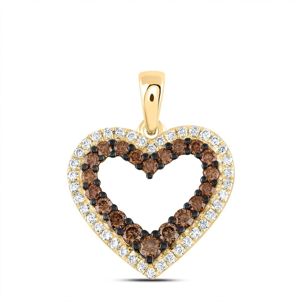 14K Yellow Gold Brown and White Diamond Heart Pendant - 1/2 Carat Total Diamond Weight