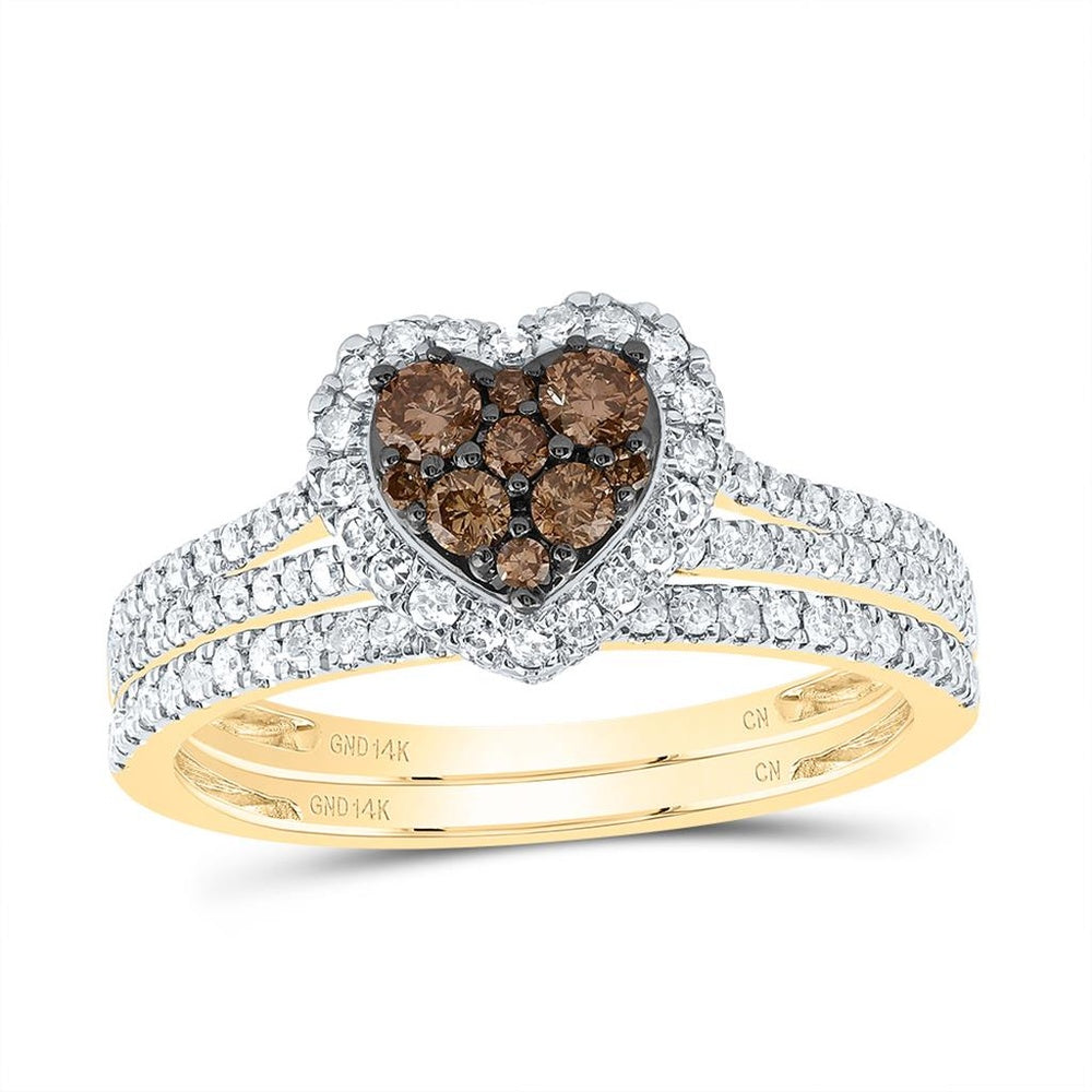 14K Yellow Gold Brown and White Diamond Heart Ring - 3/4 Carat Total Diamond Weight