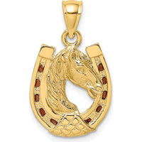 14K Yellow Gold Brown Enamel Horse Head in Horseshoe Pendant - Fine Equestrian Jewelry by Oro Pregiato