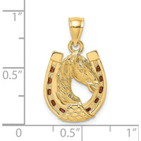 14K Yellow Gold Brown Enamel Horse Head in Horseshoe Pendant - Fine Equestrian Jewelry by Oro Pregiato