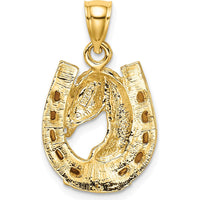 14K Yellow Gold Brown Enamel Horse Head in Horseshoe Pendant - Fine Equestrian Jewelry by Oro Pregiato