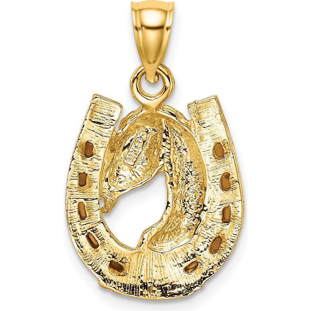 14K Yellow Gold Brown Enamel Horse Head in Horseshoe Pendant - Fine Equestrian Jewelry by Oro Pregiato