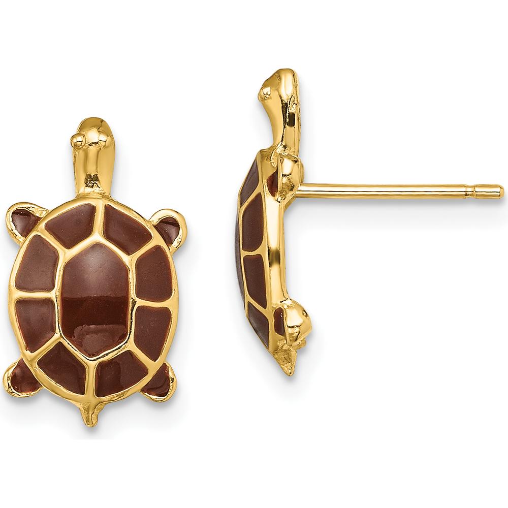 14K Yellow Gold Brown Enamel Sea Turtle Post Earrings - Symbolic Animal Jewelry by 0