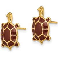 14K Yellow Gold Brown Enamel Sea Turtle Post Earrings - Symbolic Animal Jewelry by 0