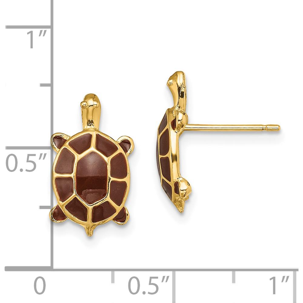 14K Yellow Gold Brown Enamel Sea Turtle Post Earrings - Symbolic Animal Jewelry by 0
