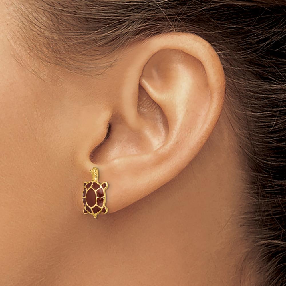14K Yellow Gold Brown Enamel Sea Turtle Post Earrings - Symbolic Animal Jewelry by 0