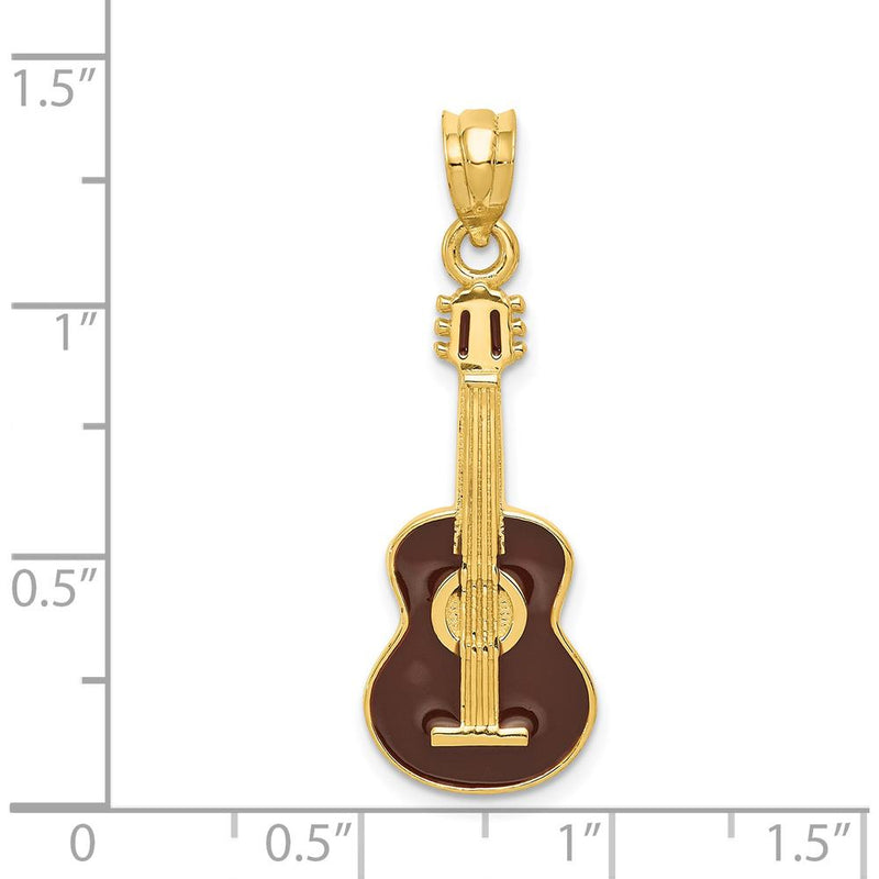 14K Yellow Gold Brown Enameled Acoustic Guitar Pendant - Music Lover Charm by Oro Pregiato
