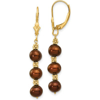 14K Yellow Gold Brown Semi-Round Freshwater Cultured Pearl Dangle Earrings by Monteluci Fine Jewelry