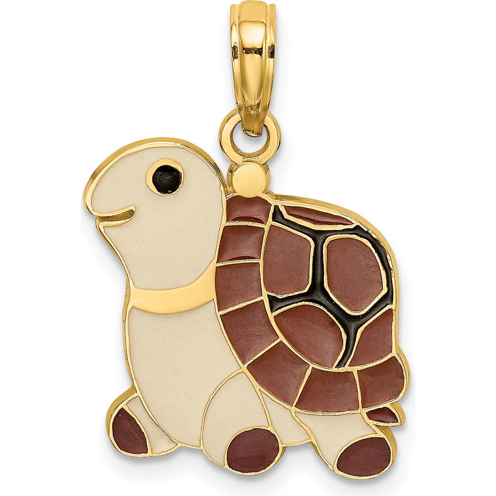 14K Yellow Gold Brown, Tan, and Black Enamel Cartoon Turtle Charm - 23mm Length by Oro Pregiato