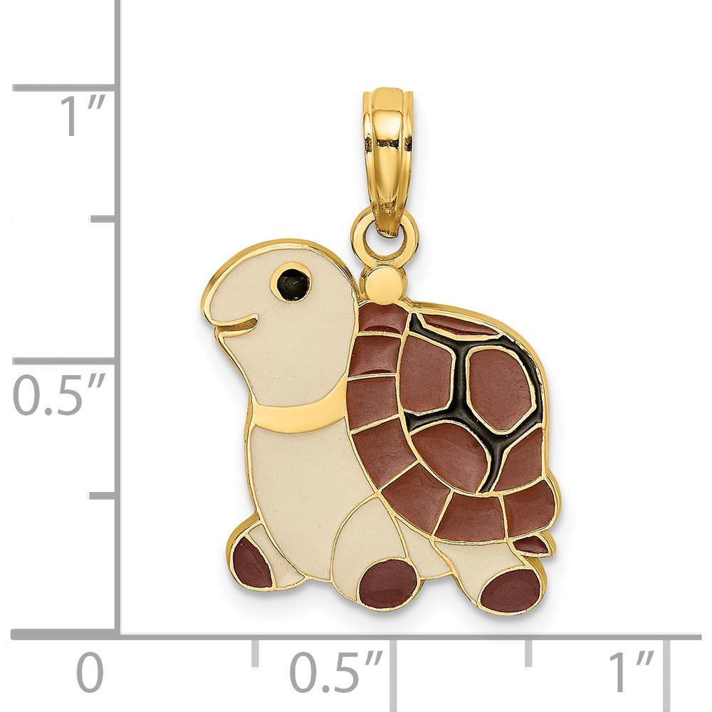14K Yellow Gold Brown, Tan, and Black Enamel Cartoon Turtle Charm - 23mm Length by Oro Pregiato