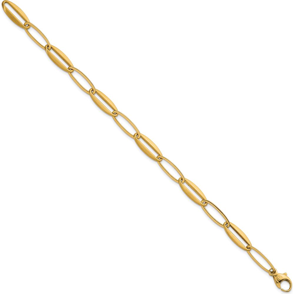 14K Yellow Gold Brushed and Polished Long Oval Link Bracelet - 7.25mm Width by 0