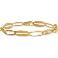 14K Yellow Gold Brushed and Polished Long Oval Link Bracelet - 7.25mm Width by 0