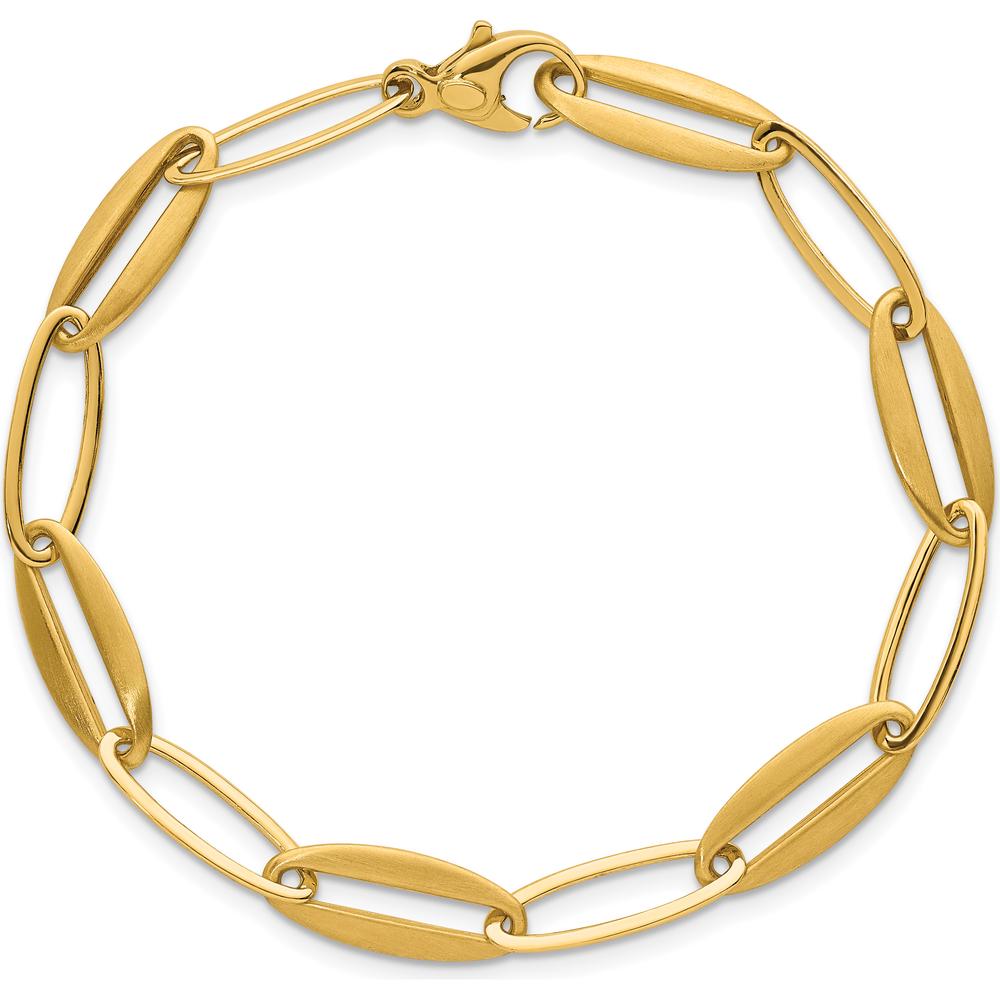 14K Yellow Gold Brushed and Polished Long Oval Link Bracelet - 7.25mm Width by 0