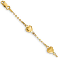 14K Yellow Gold Brushed and Polished Puffed Hearts 7" Bracelet with Fancy Link Chain by Oro Pregiato