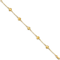 14K Yellow Gold Brushed and Polished Puffed Hearts 7" Bracelet with Fancy Link Chain by Oro Pregiato