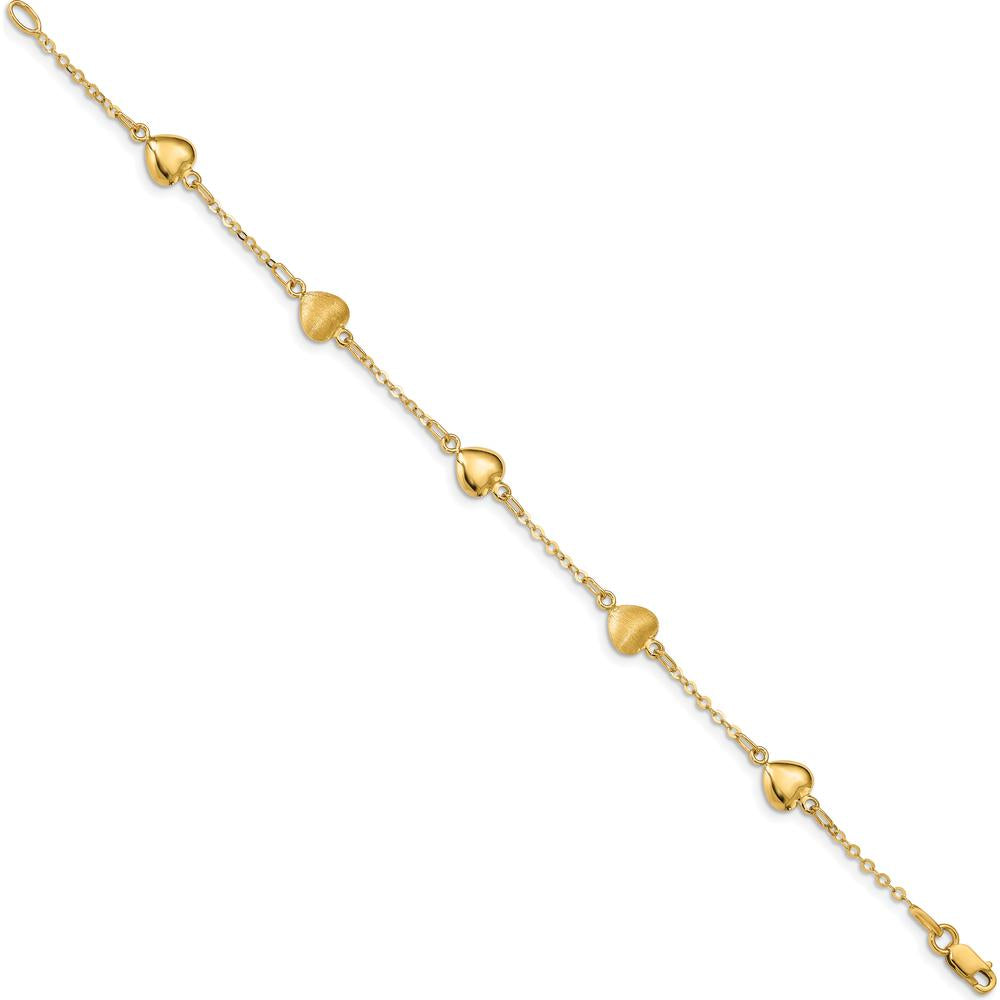 14K Yellow Gold Brushed and Polished Puffed Hearts 7" Bracelet with Fancy Link Chain by Oro Pregiato