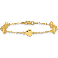 14K Yellow Gold Brushed and Polished Puffed Hearts 7" Bracelet with Fancy Link Chain by Oro Pregiato