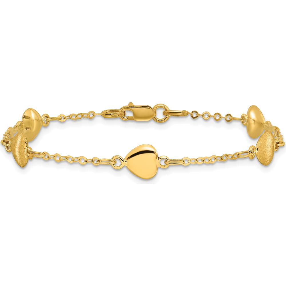 14K Yellow Gold Brushed and Polished Puffed Hearts 7" Bracelet with Fancy Link Chain by Oro Pregiato