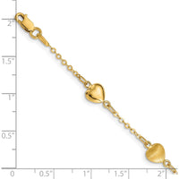 14K Yellow Gold Brushed and Polished Puffed Hearts 7" Bracelet with Fancy Link Chain by Oro Pregiato