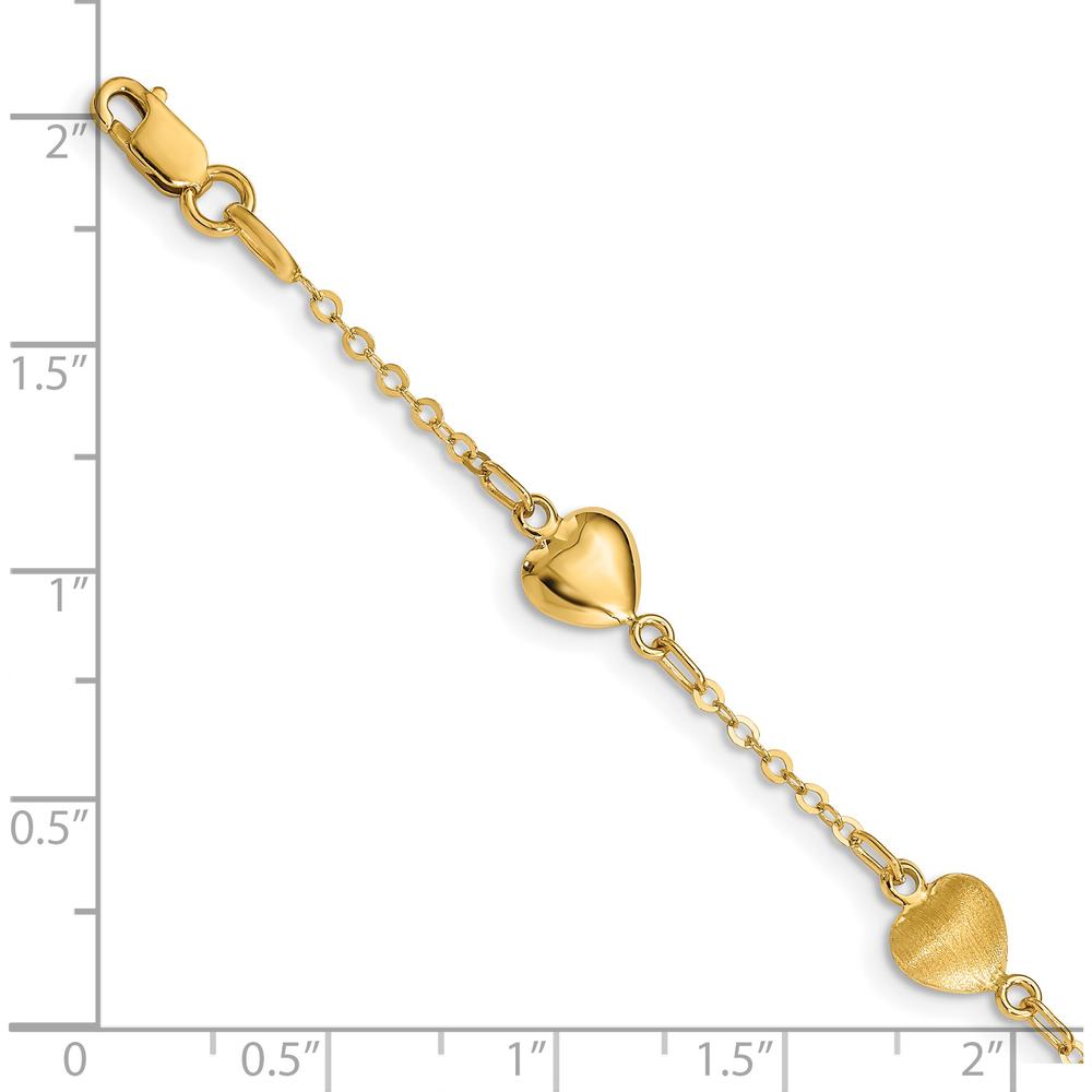14K Yellow Gold Brushed and Polished Puffed Hearts 7" Bracelet with Fancy Link Chain by Oro Pregiato