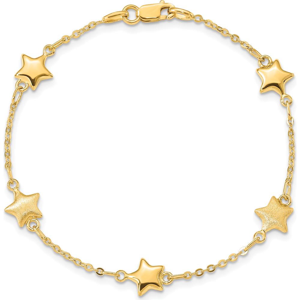 14K Yellow Gold Brushed and Polished Puffed Stars 5-Station Bracelet - 7" Length by Oro Pregiato
