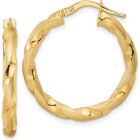 14K Yellow Gold Brushed and Polished Twisted Hoop Earrings - 26.5mm Length by 0